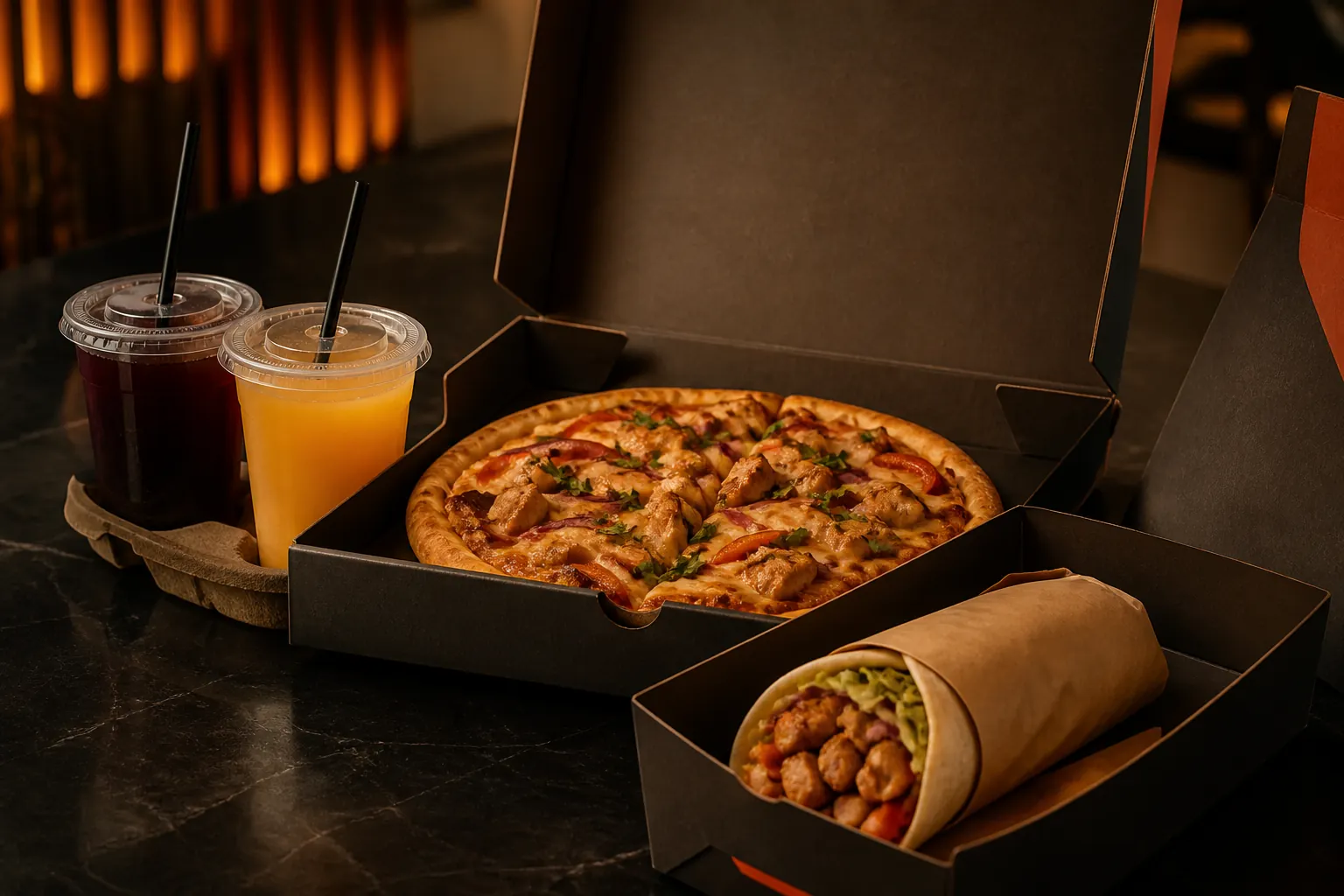 Denada pizza, shawarma and drinks prepared for delivery